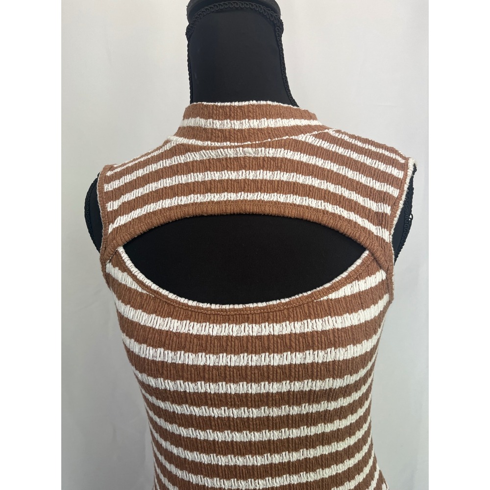 Urban Rose Brown White Striped Smocked Cutout Mock Neck Bodysuit Small 10891 - Picture 5 of 16